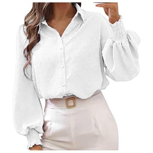 Generic camicia da donna a maniche lunghe, oversize, con scollo a v, con maniche a sbuffo, camicia a maniche lunghe, elegante, per il tempo libero, bianco, l