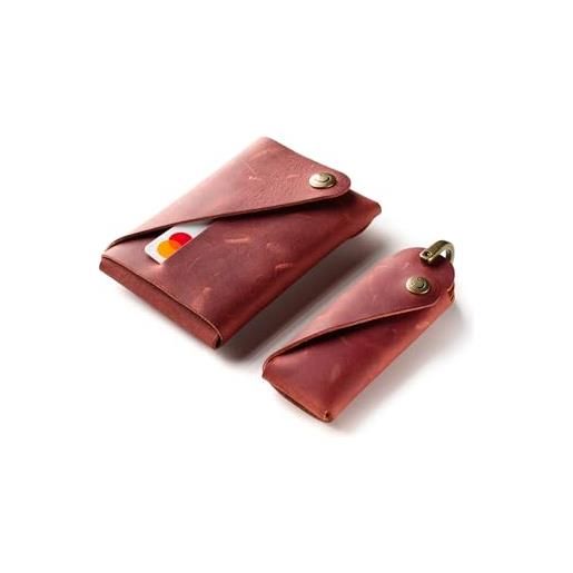 Crazy Horse Craft set di portafogli e portachiavi minimalisti, marrone classico, porta carte, custodia per carte, kit portachiavi, rosso fragola, small - for keys up to