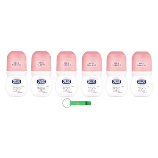 Beni Culinari 6 x neutro roberts, deodorante roll on fresco, senza sali di alluminio, senza macchie, profumo di monoi e fresia, deodorante unisex, 50 ml + portachiavi Beni Culinari