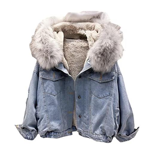 Vagbalena di inverno delle donne giù giacca di jeans super-caldo di spessore sherpa foderato di pelliccia denim camion giacca fidanzato giacca di jeans vintage allentato giacca di jeans (blu 3, l)