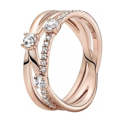 PANDORA timeless anello a tripla fascia brillante placcato in oro rosa 14 k con zirconi cubici trasparenti, 54