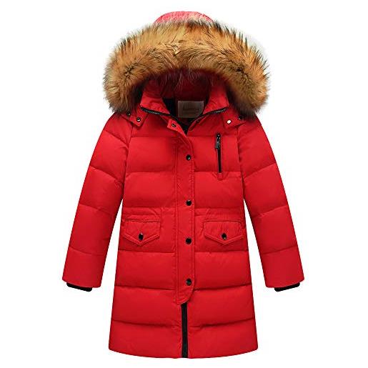 amropi bambini ragazzi inverno piumino imbottito lungo cappotto con pelliccia cappuccio (rosso, 9-10 anni, 140)