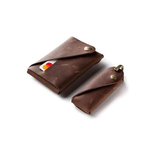 Crazy Horse Craft, set di portafogli e portachiavi minimalisti, marrone classico, porta carte, piccolo pacchetto portachiavi, custodia per carte, kit portachiavi, legno marrone. , large - for keys up