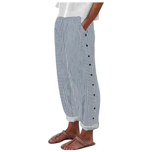 Ydsxlp maglia traspirante pantaloni da donna in cotone e lino a righe elastico in vita cintura alta con tasche bottoni laterali pantaloni a nove punti pantaloni casual larghi (light blue, xs)