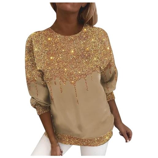 Yekdmxop blusa donna elegante con paillettes taglie forti girocollo t shirt brillantini natale maglia argento manica lunga blusa curvy strass magliette capodanno glitter oro tops cerimonia maglietta