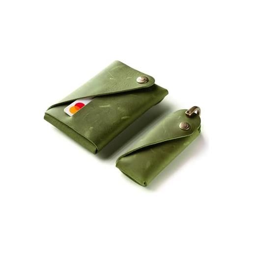Crazy Horse Craft set di portafoglio e portachiavi minimalista in marrone classico, porta carte verde alpino con custodia, large