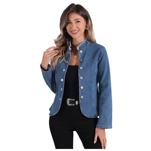 Allegra K blazer in denim da donna aperto sul davanti senza colletto cardigan jeans blu xl