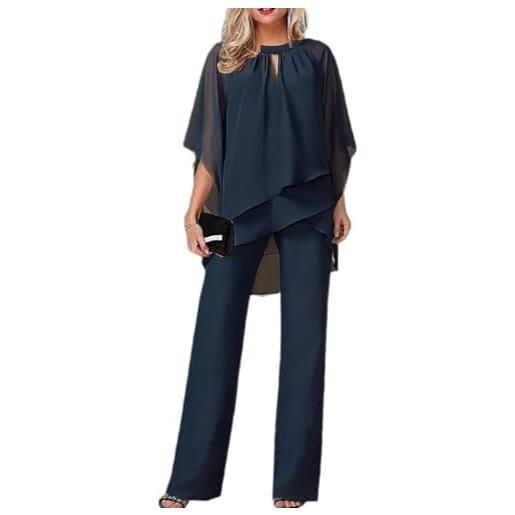 Yancremio pantaloni donna due pezzi tendenza moda camicia chiffon e pantaloni tailleur elegante retrò fluente abiti da cena abiti da cocktail ospiti di nozze (blu navy, xxl)