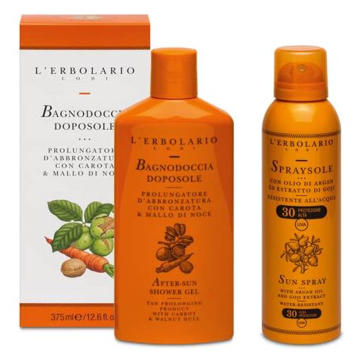 L'Erbolario l' erbolario - bagnodoccia doposole da 375 ml + spraysole emulsione spray no gas spf 30-150 ml - con olio di argan ed estratto di goji 125 ml