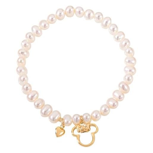 Disney bracciale per bambine in oro giallo 9 kt per bambine, lunghezza 11.5cm, con ciondolo raffigurante minnie e perle, gioielli