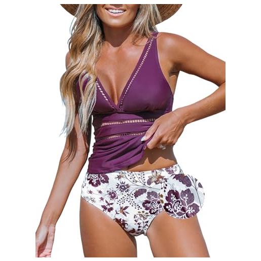 CUPSHE tankini donna con scollo a v, costume da bagno a vita alta, viola prugna/floreale, xl