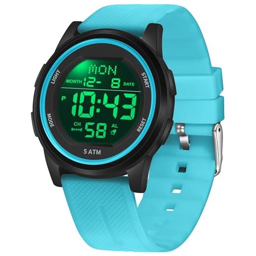 findtime orologio digitale da polso da uomo e da donna, 5 atm, impermeabile, con sveglia, coutdown a led, minimalista, orologio digitale per ragazzi e ragazze, cronometro, 12/24h, azzurro, cinghia