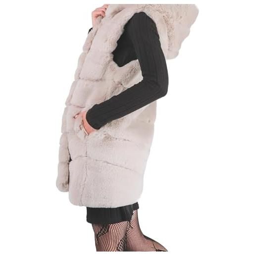 QUEEN HELENA pellicciotto smanicato con pelo morbido caldo con cappuccio invernale donna plc-02 (it, testo, taglia unica, regular, regular, beige)