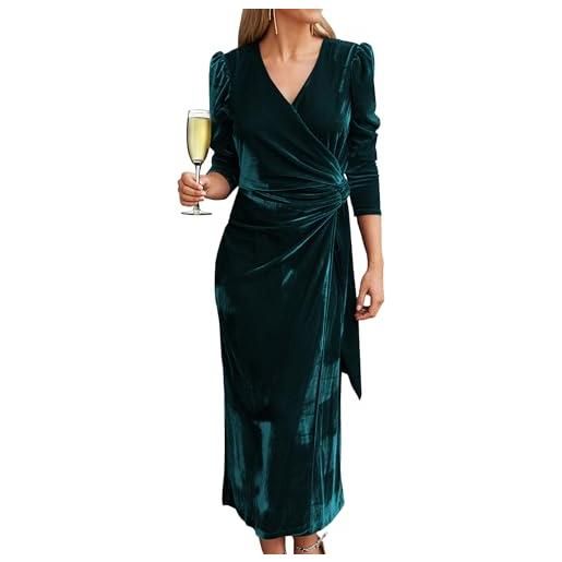 FAIABLE abito in velluto a portafoglio sexy con scollo a v a maniche lunghe in velluto maxi abito formale da donna abito da cocktail party, verde scuro, l