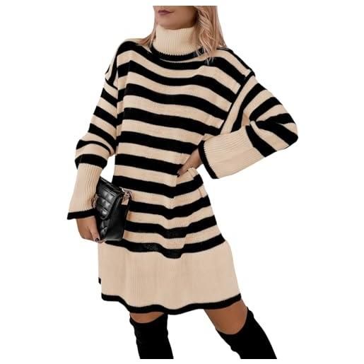 Imily Bela, maglione-vestito da donna, a righe, a collo alto, a maniche lunghe, elegante, per l'inverno, lunghezza al ginocchio, vestito casual, beige. , l