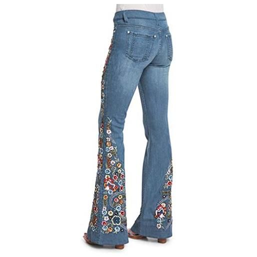 OBiQuzz pantaloni a zampa da donna, a vita bassa, in denim, dritti, jeans ricamati, con fiori, elasticizzati, larghi, slim fit, skinny pants bootcut jeans vintage dritti da donna, blu, l