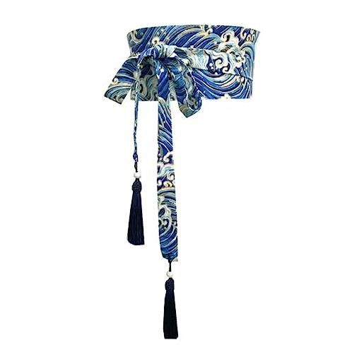 FRESQA cintura kimono tradizionale giapponese cintura da donna corsetto nappa cintura blu modello onda cintura larga yukata gru haori obi cinture di vita asiatiche, 2, 15cm width