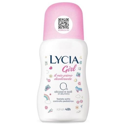 Generico lycia girl, deodorante roll-on 48h, 0% alcol e sali di alluminio, testato sotto controllo pediatrico, deodorante ascellare per bambine, confezione da 1, 6 o 12 pezzi (12)