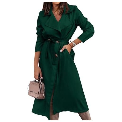 Suncadmious trench da donna lungo doppio petto primavera autunno moda classico risvolto cappotto capispalla con cintura (verde, l)
