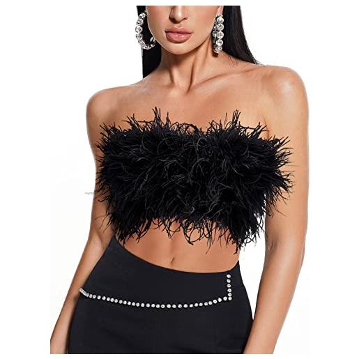 meilun sexy pelliccia del faux piuma crop top peloso senza spalline del tubo del partito del club canotta top top, a-nero, s