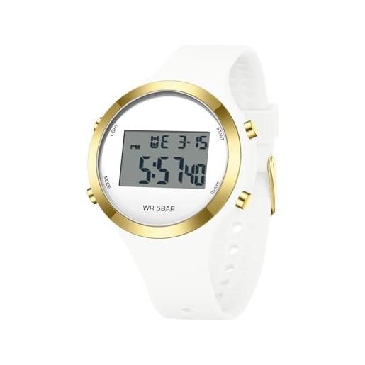 findtime orologio digitale da donna, adolescente, ragazza, sportivo, impermeabile, impermeabile, con cronometro, conto, alla rovescia, sveglia, formato 12/24 ore, con display led grande, biancorrosa, cinghia