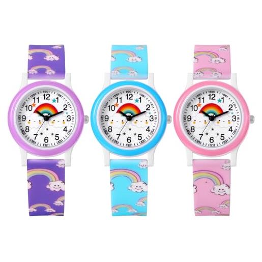 JewelryWe orologio per bambini in silicone, orologio da polso per bambini: classico orologio analogico al quarzo, impermeabile, 30 m, orologio da polso per ragazzi e ragazze, arcobaleno e nuvole - set