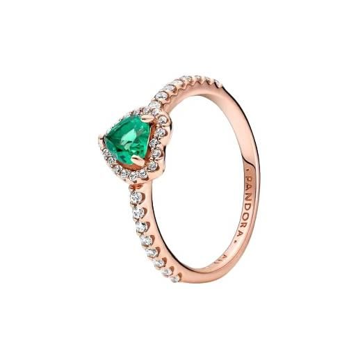 PANDORA timeless anello con cuore placcato in oro rosa 14 k con cristallo verde e zirconia cubica trasparente, 50