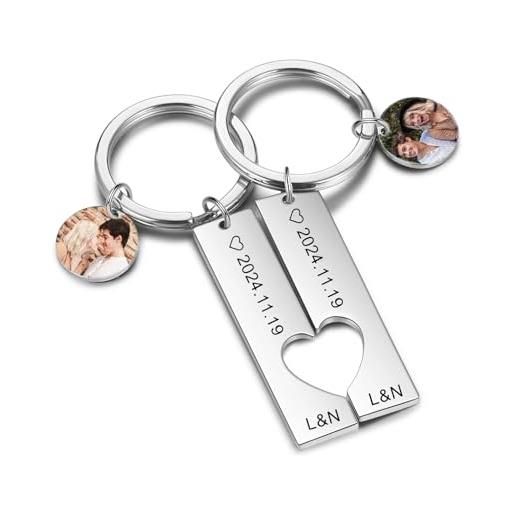Kiddo Sky 2 pezzi set portachiavi personalizzato per coppia, portachiavi a forma di cuore, portachiavi coordinati, regali per fidanzato fidanzata (argento, foto)