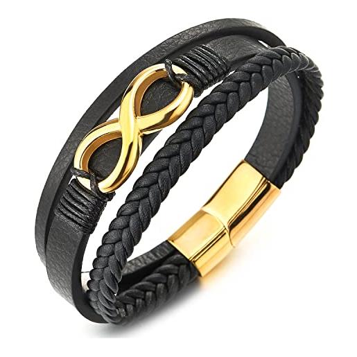 COOLSTEELANDBEYOND Tre Filoni Blu Navy Nero Intrecciato Cuoio Cotone Corda Braccialetto, Uomo Donna, Pelle Bracciali, Acciaio Chiusura Magnetica