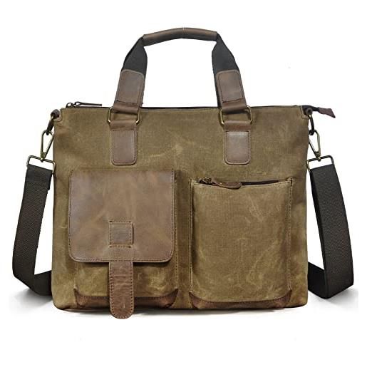 Le'aokuu borsa da lavoro da uomo in tela e vera pelle borsa da viaggio impermeabile per laptop borsa a tracolla con manici 260 (marrone)