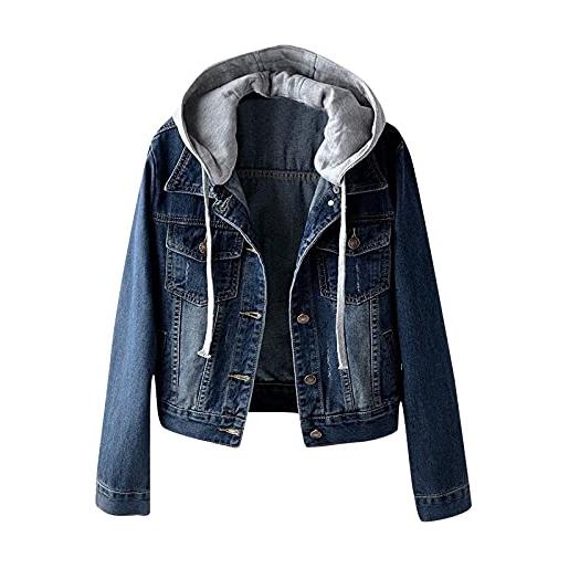 Generic giacca da donna vintage in jeans casual con cappuccio, abbottonatura a maniche lunghe, tasca in denim invecchiato, per ragazze adolescenti giubbotto donna invernale giacche autunnale donna (blue, xxl)