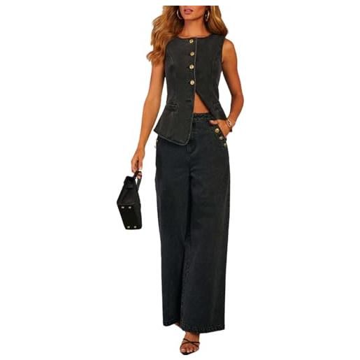 XUSAI nero, xxl, completo denim da donna casual business canotta senza maniche in denim e jeans a gamba larga 2 pezzi completo denim