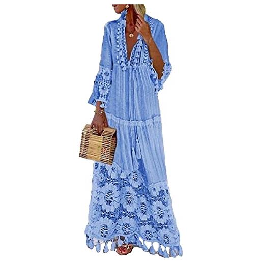 ORANDESIGNE abiti donna estivi eleganti casuale boemia gonna a trapezio manche longue sexy pizzo cocktail vintage abito scollo v ricamo abito vestiti lunghi spiaggia 02 blu xxl