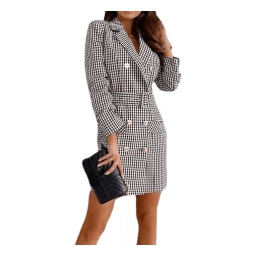 Qichenx donna abito blazer colletto rivolto plaid elegante ufficio business carriera giacca eleganti per vestito donna cintura (s, cachi)