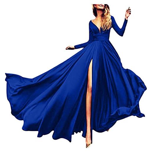 ORANDESIGNE vestito cerimonia donna eleganti lunghi curvy scollo v abiti da damigella senza maniche vestiti matrimonio tinta unita abito cocktail mare spiaggia e blu xl