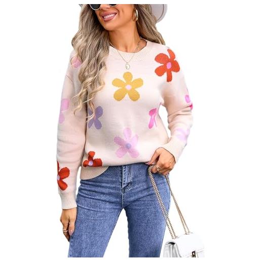 cffvdiz girocollo floreale maglione goccia spalla fiore uncinetto casual manica lunga maglia maglione top donne, apricot, l