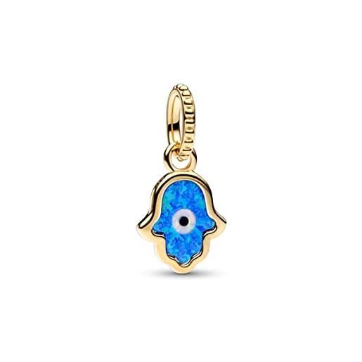 PANDORA pendente moments con mano hamsa placcato in oro 14k con opale blu intenso e bianco creato in laboratorio e composito nero artificiale
