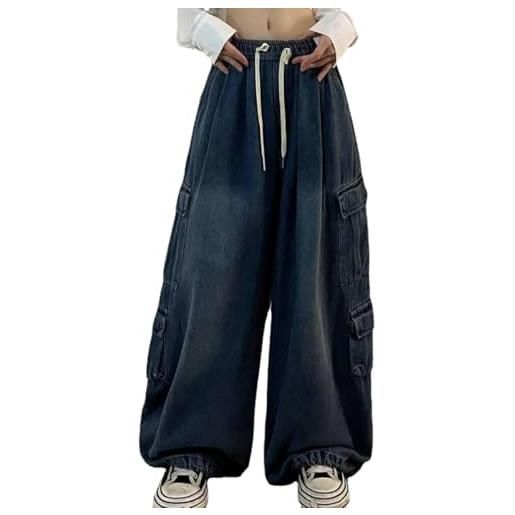 Goolecrimp jeans larghi stile rock da donna jeans larghi multitasche moda denim da lavoro pantaloni sportivi jeans oversize a vita bassa hip hop streetwear (blu, 3xl)