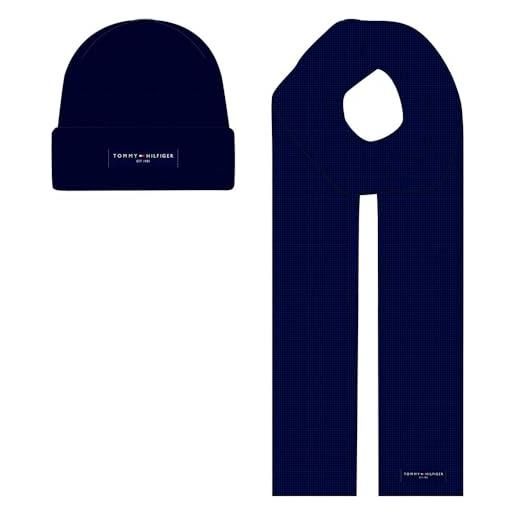 Tommy Hilfiger uomo set regalo foundation beanie & scarf berretto in maglia e sciarpa, blu (space blue), taglia unica