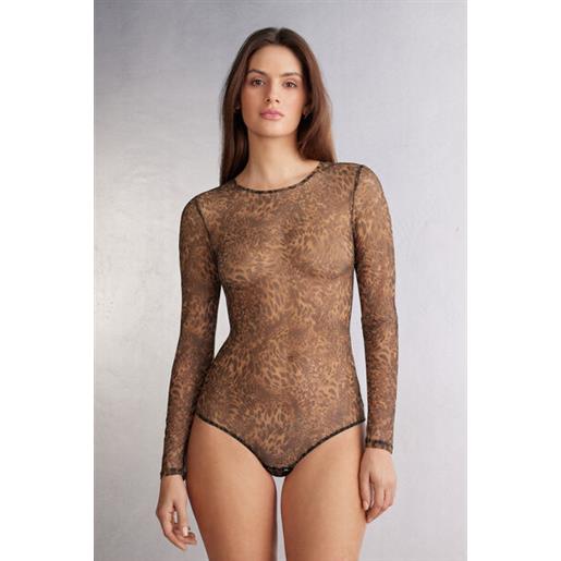 Intimissimi body manica lunga in tulle stampa animalier always glamorous marrone
