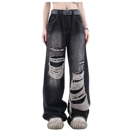 Suncadmious baggy jeans per le donne uomini strappato pantaloni a gamba dritta vita alta jeans angosciati y2k grunge vestiti estivi. (nero, l)