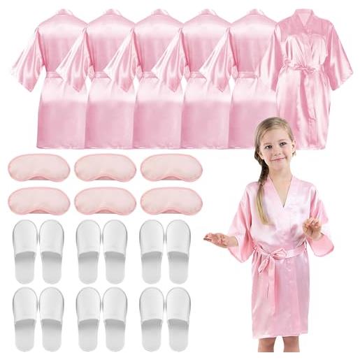 LYCN set di 6 accappatoi in raso per ragazze, con 6 maschere per gli occhi in seta e 6 paia di pantofole, accappatoi per feste di compleanno per bambine e ragazze, abbigliamento da notte per