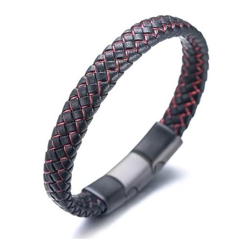 HALUKAKAH bambini ● jazz junior ● ragazzi vera pelle treccia fatta a mano nero mix rosso bracciale 6-12 anni. Titanio smerigliata chiusura magnetica taglia regolabile 18-19.5cm con confezione regalo