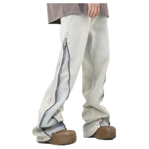 CABULE pantaloni hip-hop larghi dritti lavati da uomo con cerniera laterale dei jeans huangni per uomo e donna-huangni-m