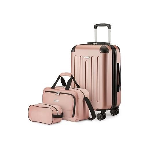 Amazon Basics set di valigie rigide, 3 pezzi, trolley, borsa a mano, borsa da viaggio compatta, espandibili, 4 ruote girevoli, oro rosa