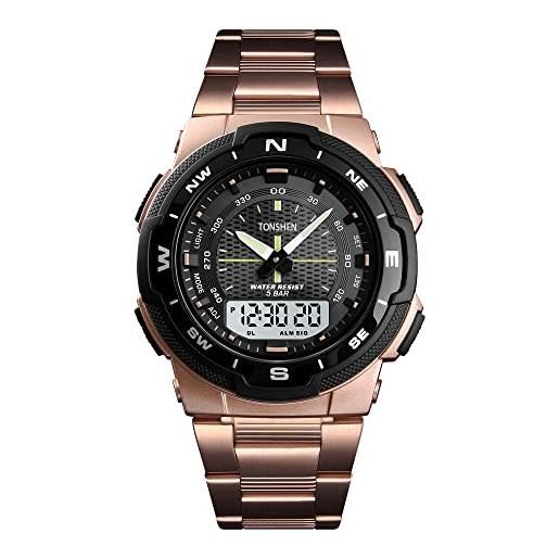 TONSHEN uomo e ragazzo fashion sportivo orologi da polso 50m impermeabile plastica cassa e acciaio inossidabile cinturino led analogico quarzo doppio tempo orologio (rosa)