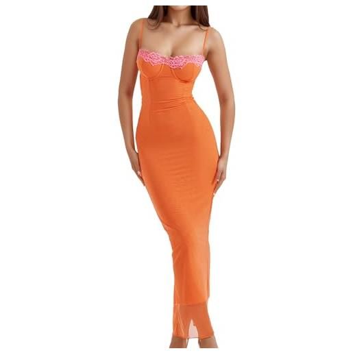 ISZPLUSH maxi abiti sexy da donna in raso senza schienale con spalline sottili abiti con stampa floreale slim fit eleganti abiti da festa notturna, arancione, s