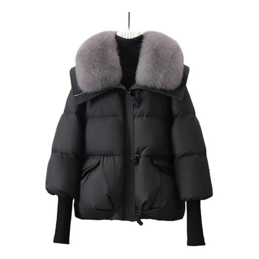BININBOX giacca corta donna elegante invernale, stile piumino imbottito in cotone, cappotto caldo con cappuccio e pelliccia sintetica(nero, s)