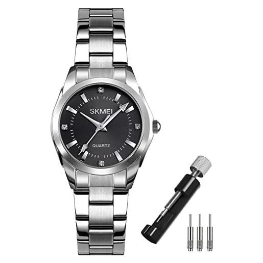 SKMEI orologi per le donne signore moda femminile impermeabile vestito affari in acciaio inox di lusso classico analogico quarzo semplice moglie ragazze regali, l1620 nero