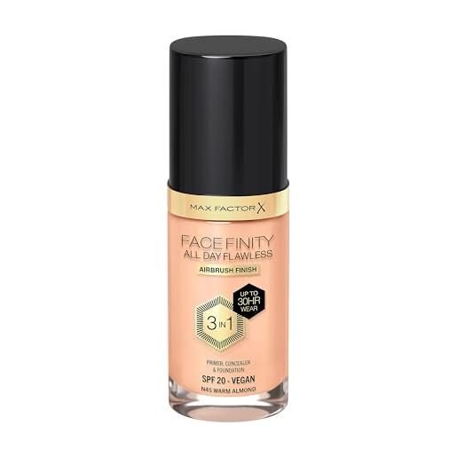 Max Factor facefinity all day flawless 3 in 1 fondotinta liquido a lunga durata, 45 warm almond, 30 ml